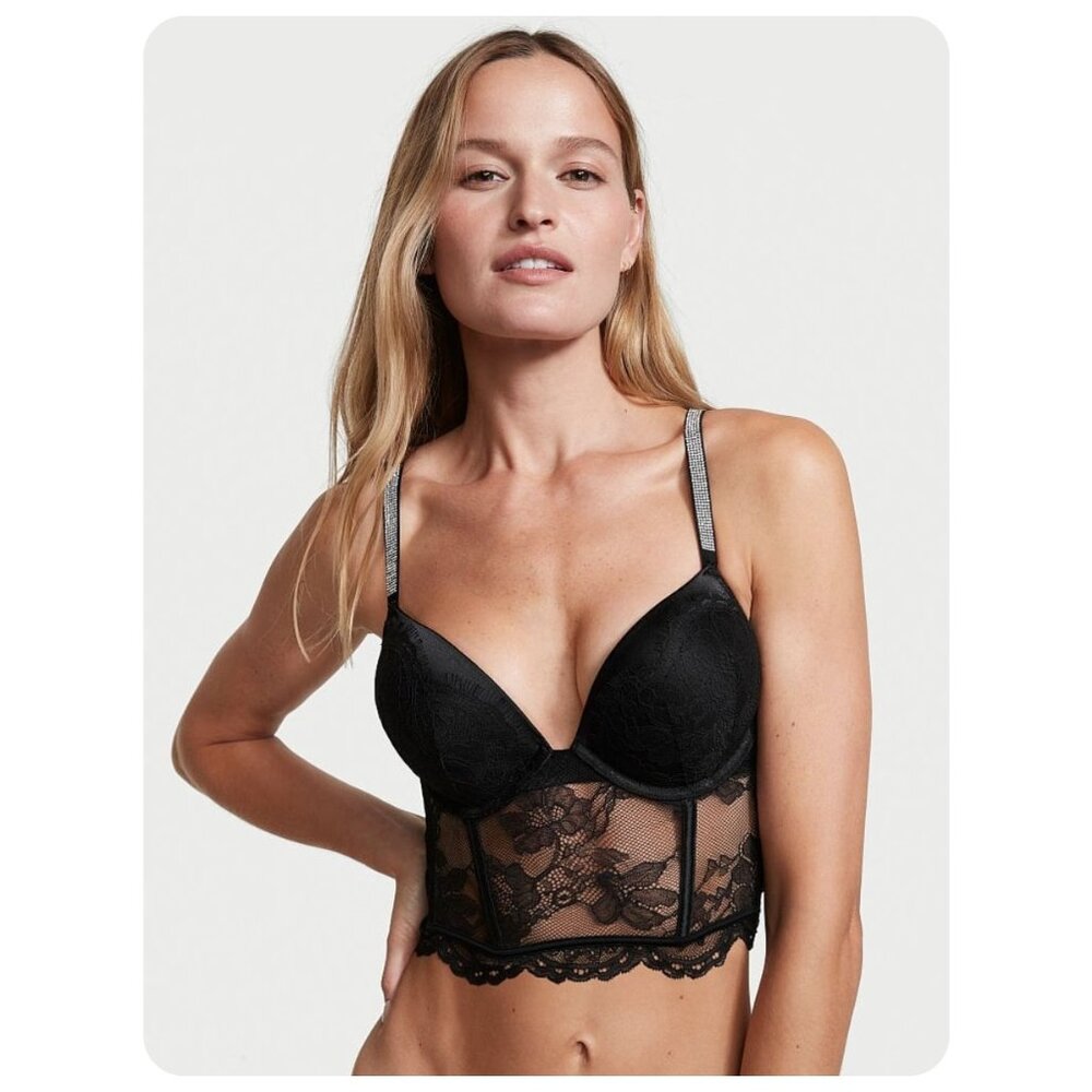 Victoria's Secret Black Lace Longline Push-Up Bra With Shine Straps 36C